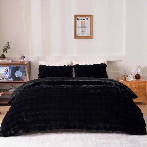 Fluffy Black Duvet Cover Full Set, Soft Shaggy Plush Rabbit Bedding Set 3 Pieces (1 Fuzzy Comforter Cover + 2 Faux Fur Pillow Cases) Zipper Closure（Black, Full） - color: Black, size: Full
