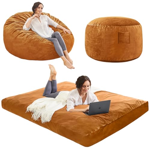 Bean Bag Chairs for Adults - Giant Bean Bag Convertible Floor Sofa | 3 IN 1 Lounger Couch Sofa, Memory Foam Filling, Removable Velvet Cover, Machine Washable, in Bedroom Living Room, Full Brown - color: Golden Brown, size: Full