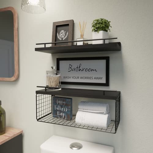 Floating Shelves for Wall Decor Sign, Bathroom Organizers and Storage, Bathroom Shelves Over Toilet with Metal Guardrail-Black - color: Black