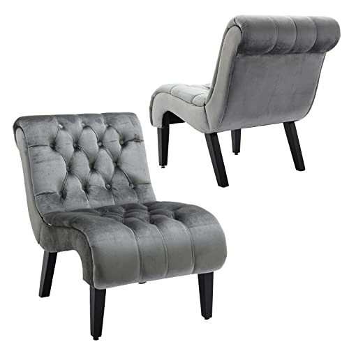 Comfy Velvet Accent Chair Set of 2, Tufted Armless Chair with Rolled Edge | Modern Small Lounger for Living Room, Upholstered Reading Chaise Lounge with Solid Rubber Wood Legs, Silver - color: Silver, size: Set of 2