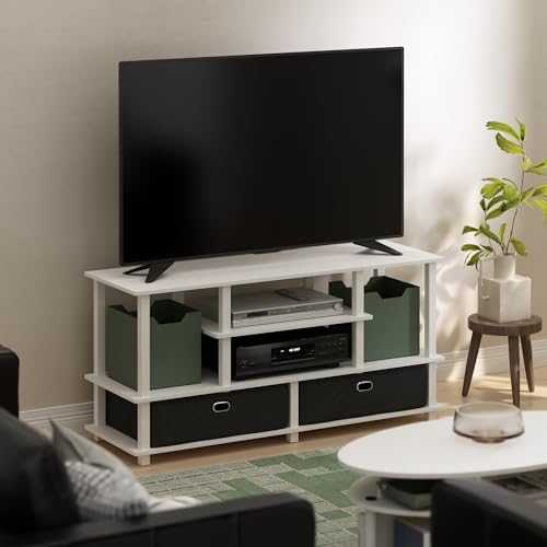 Furinno Jaya TV Stand, 4-Tier Entertainment Center with Open Shelf, TV Console for TV up to 55 Inch with 2 Storage Bins, Toolless Assembly, for Living Room, Bedroom, White - color: White, size: For 55" TV, Plastic Frame