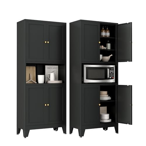 69" Tall Pantry Cabinet with Open Shelf,13.78“Deep By 28" Wide Storage Cabinet with Doors and Adjustable Shelves,Microwave Stand,for Kitchen Dining Room Bathroom,Black,1Pc - color: Black, size: 13.78"D x 27.56"W x 69"H