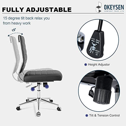 Okeysen Armless Office Desk Chair, Mid Back Ergonomic Swivel Conference Room Chair, Adjustable Height PU Leather Home Desk Chair, Modern Small Rolling Computer Task Chair, Black - color: Black