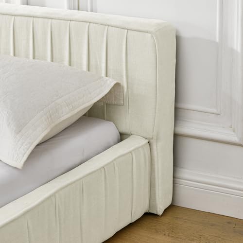 Queen Size Upholstered Bed Frame, Modern Grounded Bed with Solid Wood Slats, Pleated Headboard, Sturdy Construction, No Box Spring Needed, Grey (Beige, Queen) - color: Beige