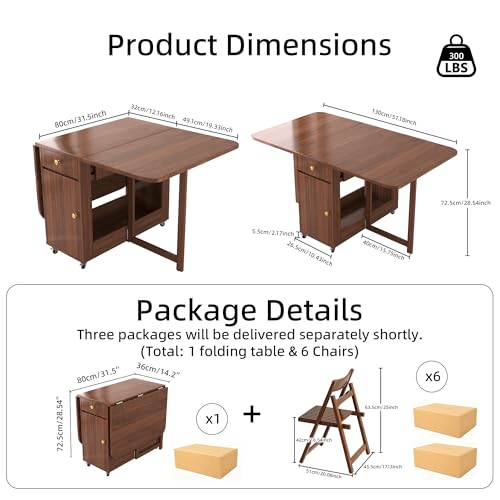 Folding Dining Table and Chairs - 51" Fully Assembled Drop Leaf Table 4-6 Seater with Storage and Lockable Wheels, Space-Saving Set with 6 Chairs for Kitchen or Dining Room (Walnut) - color: Walnut, size: 51.18″L Table & 6 Chairs