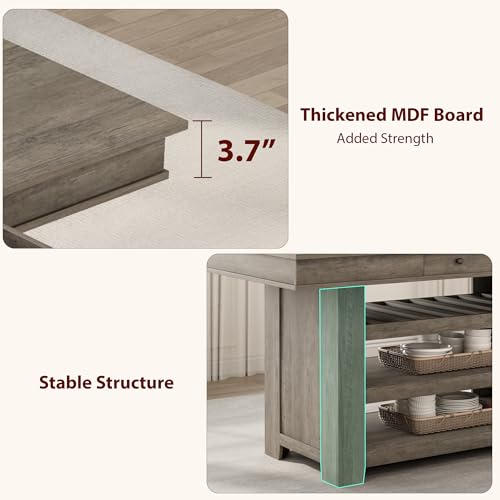 IDEALHOUSE 60" Wood Dining Table for 4-6, Counter Height Kitchen Table with Wine Rack and 2 Drawers, Open Shelves and Sturdy Legs, 4-Tier Stationary Kitchen Island for Dining Room and Kitchen - color: Grey