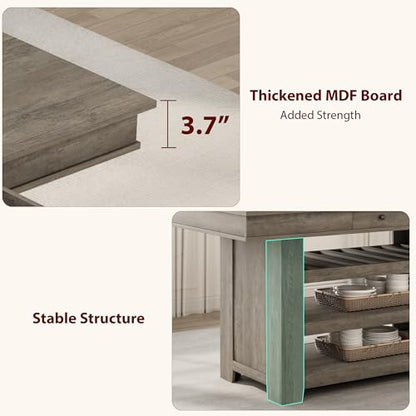 IDEALHOUSE 60" Wood Dining Table for 4-6, Counter Height Kitchen Table with Wine Rack and 2 Drawers, Open Shelves and Sturdy Legs, 4-Tier Stationary Kitchen Island for Dining Room and Kitchen - color: Grey