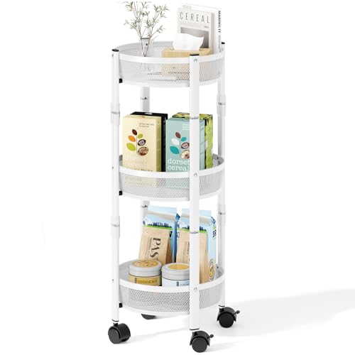TOOLF 3 Tier Foldable Rolling Cart, Metal Utility Storage Cart, White | Assembly-Free, Lockable Wheels, Round Trolley Organizer for Bathroom, Kitchen, Office, Dorm, Laundry, Craft Room - color: White