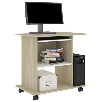 Compact Computer Desk 19.7x31.5x29.5 in, Engineered Wood PC Workstation on Wheels with 3 Shelves for Home Office - color: White and Sonoma Oak