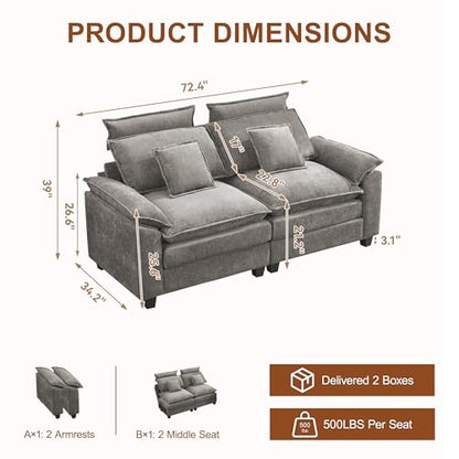 72'' Cloud Deep Seat Loveseat, Modular 2 Seater Sectional Couch with Detachable Headrest, Modern Love Seat Sofas for Living Room, Apartment, Light Grey - color: Light Grey, size: Loveseat