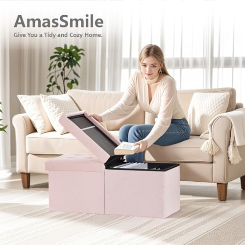 AmasSmile Ottoman Storage Bench,34" Teddy Velvet Folding Chest,Pink | Large Ottoman with Storage,Thicker Foam Padded Seat,Livingroom,Dorm,Bedroom,Entryway,Easy to install,34 x 13 x 13in - color: Pink-teddy Velvet