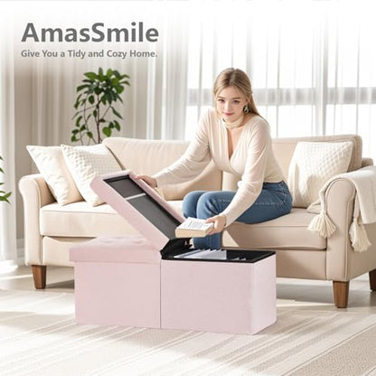 AmasSmile Ottoman Storage Bench,34" Teddy Velvet Folding Chest,Pink | Large Ottoman with Storage,Thicker Foam Padded Seat,Livingroom,Dorm,Bedroom,Entryway,Easy to install,34 x 13 x 13in - color: Pink-teddy Velvet