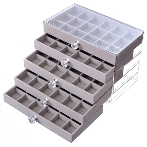 SPAKOWN Earring Box Holder Organizer Display Case | Clear Velvet Jewelry Storage Tray Organizer for Earring Ring Stud (Grey - 5 Drawers) - color: Grey, size: 5 Drawers