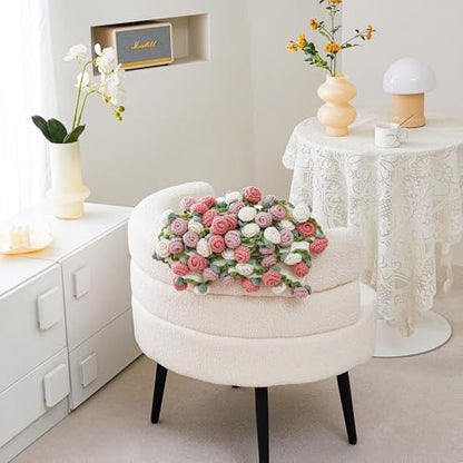 Crochet Flower Bouquet Throw Blanket, Handmade Knitted Blanket with Rose Flowers, Cute Romantic Gift for Her Girlfriend Mom Mother’s Day Valentine Wedding Anniversary Birthday, Pink and White - color: Rose Pink, size: 40 Inches