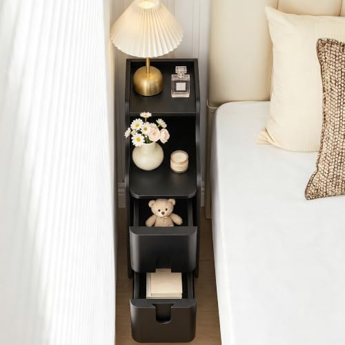 FurSch Narrow Nightstand Set of 2, Wooden Small 2 Drawer, Black | Slim Side End Table, Skinny Bedside Table, Mid Century Modern, 3-1 pc - color: Black 3-1 Pc