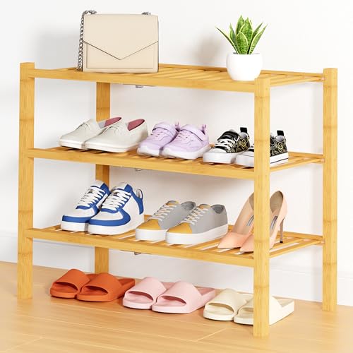 Smiry Bamboo Shoe Rack, 14 Vertical Slats, 3 Tier - 26.8" Wide, Natural | Stackable Free Standing Wooden Shoe Organizer, Wood Shoe Storage Shelf for Closet, Entryway, Thicher Leg - color: Natural, size: 26.80" Wide - 3 Tier - Thicker