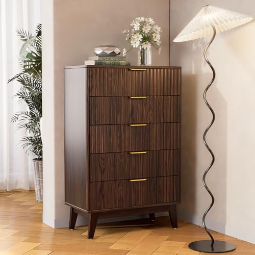 5-Drawer Dresser Fluted Drawers, Mid-Century, Walnut | 31"W x 15.4"D x 48"H, 130 lbs top / 40 lbs per drawer (7.7"H), 5 fluted drawers, gold handles, anti-tip straps - size: 15.4"D x 31"W x 48"H (5 Drawers)
