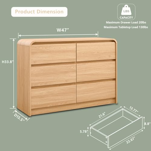 Aitjunz Modern 6 Drawers Dresser for Bedroom, 47" Wide Wood Dressers & Chests of Drawers w/Curved Profile Design, Mid Century Modern Dresser w/Natural Texture for Bedroom, Living Room, Natural Oak - color: Natural, size: 15.5"D x 47.2"W x 33.9"H (6 Drawer