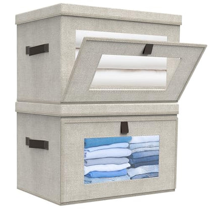 Magnetic Front Opening Fabric Storage Bins with Lids, 16.5×11.8×11in, 2Pack | Domsanistor 35L Storage Box with Window for Closet, Shelf, Living Room,Beige - size: 16.9 Inch-2 Pack