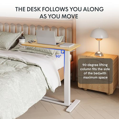 FLEXISPOT H7 28" Pneumatic Height-Adjustable Overbed Table with Wheels | C-shaped bedside table,Medical End Table,Rolling Cart TV Tray,Laptop desk for Hospital Home office use,27.6"Wx15.7"D,Maple - color: Maple, size: Small