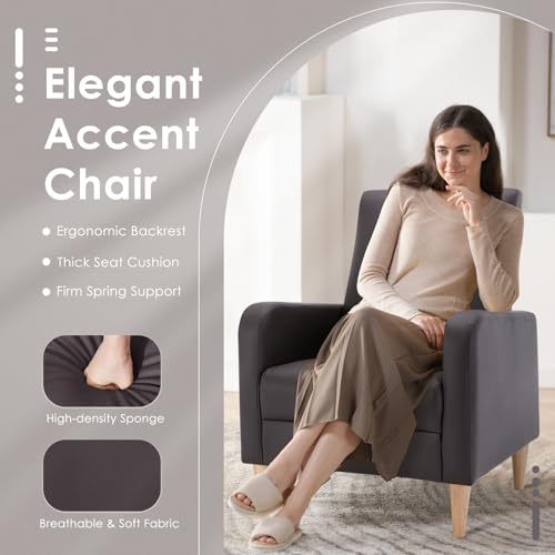 COLAMY Mid-Century Modern Accent Chairs Set of 2, Faux Leather Upholstered Living Room Chairs with Back Pillow & Solid Wood Legs, Comfy Armchair for Living Room, Bedroom, Single Sofa, Dark Brown - color: Dark Brown, size: Set of 2