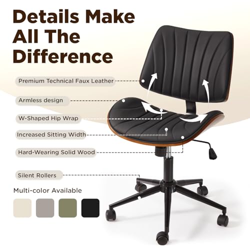 EROMMY Armless Office Desk Chair,Wooden Back Small Office Desk Chair No Arms Adjustable Height Modern Armless Chairs with Swivel Wheels for Small Spaces, Black - color: Black