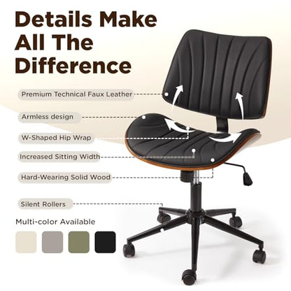 EROMMY Armless Office Desk Chair,Wooden Back Small Office Desk Chair No Arms Adjustable Height Modern Armless Chairs with Swivel Wheels for Small Spaces, Black - color: Black