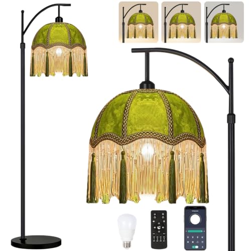 QIYIZM Arc Floor Lamp for Living Room,Bedroom,Standing Lamp with Remote Dimmable,Green Mid Century Black Tall Lamp Boho Vintage Retro Fringe Tassel Flower Velvet Unique Lamp Victorian Tiffany Decor - size: Floor Lamp--19