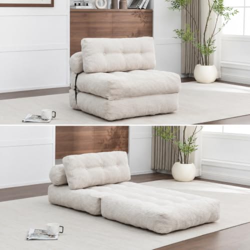 Beige Convertible Sofa Bed Folding Sofa Bed Sleeper Chair Couch Beds, Comfy Floor Beds with Pillow and Back Support, Small Couch for Bedroom, Living Room Bedroom - color: White