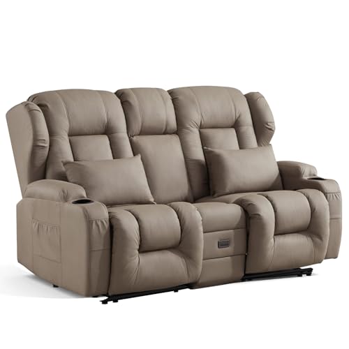 Loveseat Recliner Sofa,RV Wall Hugger Recliners with Flip-up Console,Reclining Loveseat Sofa Recliner with Cup Holders/Lumbar Pillows for Small Spaces,RV Furniture (Khaki,68" 2-Seater) - color: Khaki, size: 68" 2-Seater