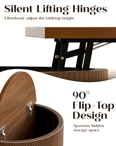 Fluted Round Lift Top Coffee Table with Storage, 31.5" Walnut Small Circle Wood Center Table for Living Room, Small Space - color: Walnut-round