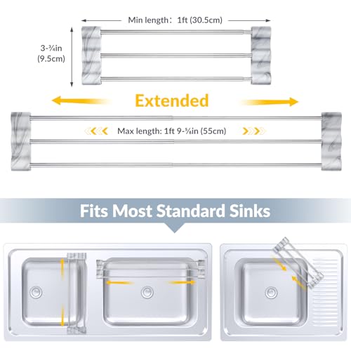 Tomorotec Adjustable Over-The-Sink Kitchen Rack, BPA-Free, Marble | Holds 16.5 Lbs; For Dishcloths, Sponges, and Brushes - Heat-Resistant Stainless Steel with Slim, Expandable Design - color: Marble