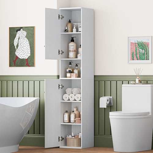 64" Narrow Bathroom Storage Cabinet with Adjustable Shelves and Drawer | 6-Tier Tall Slim Storage Cabinet,Anti-Tip Kit Included,Freestanding Cupboard for Small Spaces, Hallway,White
