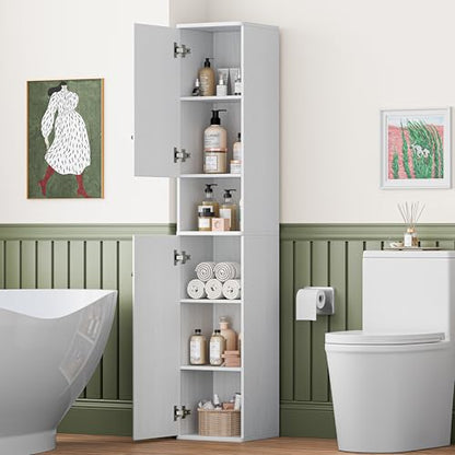 64" Narrow Bathroom Storage Cabinet with Adjustable Shelves and Drawer | 6-Tier Tall Slim Storage Cabinet,Anti-Tip Kit Included,Freestanding Cupboard for Small Spaces, Hallway,White
