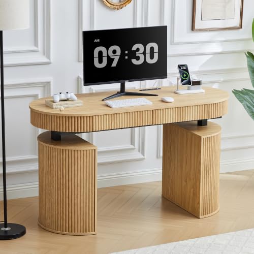 Electric Standing Desk with Storage and USB & Type-C Charging Ports, Adjustable Height Stand Up Desk, Mid Century Modern Fluted Workstation Desk for Home Office (Natural) - color: Electric Natural