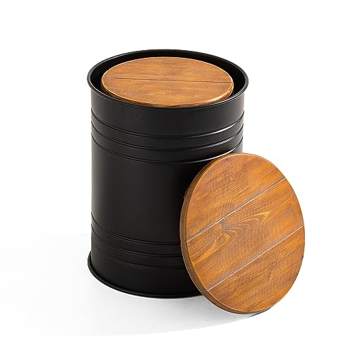 Glitzhome Rustic End Table Set of 2, Farmhouse Galvanized Metal Barrel Ottoman Storage Stool with Round Wood Lid for Living Room Furniture, Black - color: Black
