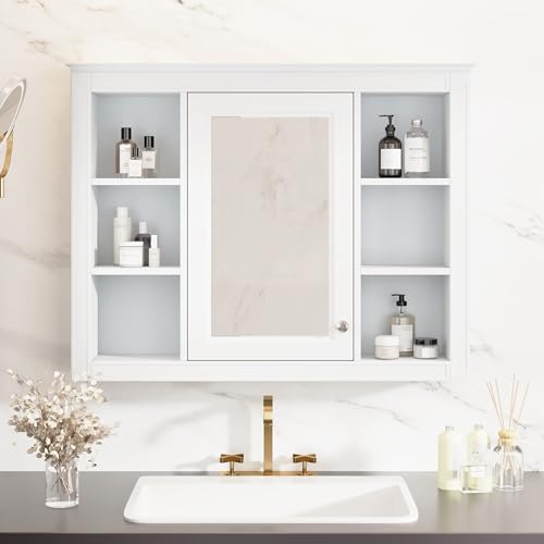 Wall Mounted Medicine Cabinet, Bathroom Storage Cabinet with Mirror Door and 6 Adjustable Open Shelf (7.3" D x 35" W x 27.5" H) (White) - color: White