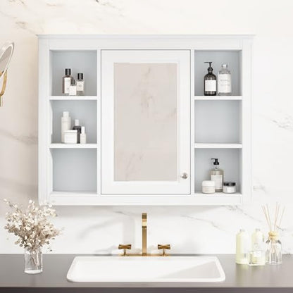 Wall Mounted Medicine Cabinet, Bathroom Storage Cabinet with Mirror Door and 6 Adjustable Open Shelf (7.3" D x 35" W x 27.5" H) (White) - color: White