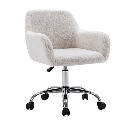 Faux Fur Makeup Vanity Chair,Home Office Desk Chair with Wheels, White | Fluffy Swivel Modern Armchair Upholstered Fuzzy Height Adjustable for Teens Women Girls Elegant for Living Room Bedroom - color: White+plush
