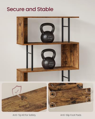 VASAGLE 6-Tier Bookshelf, S-Shaped Wood and Metal Bookcase, Tall Narrow Display Shelf, 23.6 x 9.4 x 62.6 in, for Living Room Storage, Rustic Brown and Matte Black, Barnet Collection ULLS182KD01 - color: Rustic Brown, style: 6-Tier (23.6"W)