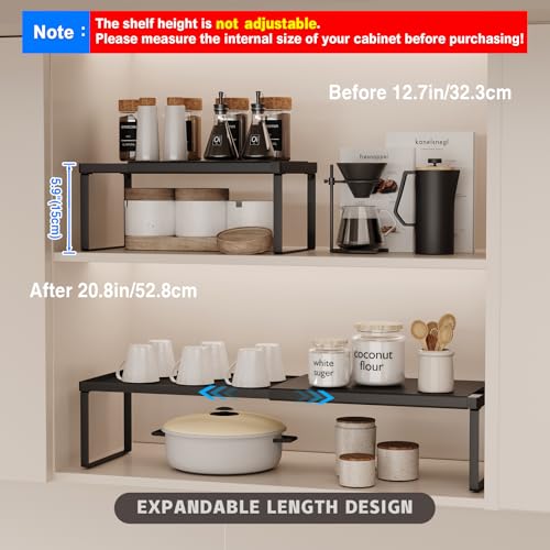 Magheo Expandable Cabinet Shelf Organizer, 2 Pack Stackable Kitchen Counter Shelf Riser, Metal Spice Rack Heavy Duty Countertop Organizer Storage for Kitchen, Pantry, Cupboard, Rv (5.9in Height,Black) - color: Black, size: 2 Pack-5.9in Height