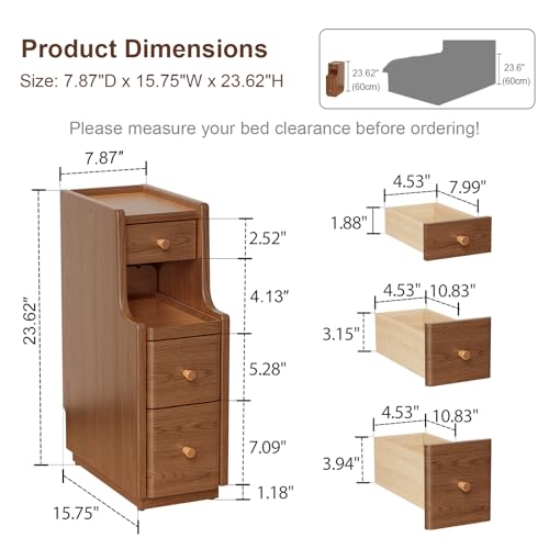 Solid Wood Narrow Nightstand with 3 Drawers,Modern Walnut,Fully Assembled | Narrow night stand,gold handles,open Shelf,skinny bedside table,slim nightstand for bedroom storage,space-saving storage - color: Walnut（15.75"d X 7.87"w X 23.62"h）