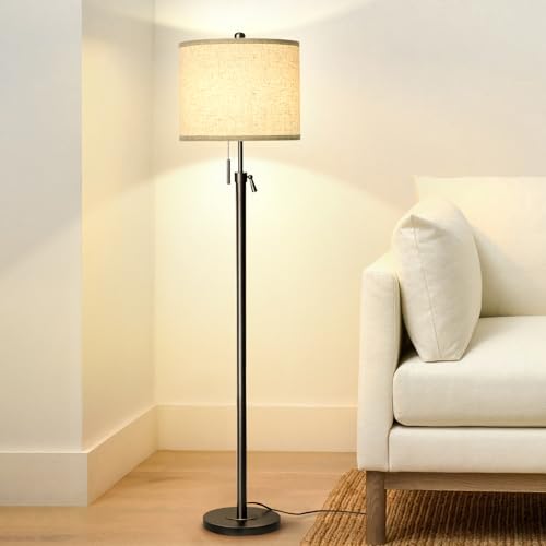 Qingmiao Adjustable Height Floor Lamp for Living Room, Black Standing Lamp for Bedroom Office, Modern Tall Lamp with Linen Shade, 3-Way Dimmable 8W 3000K LED Blub Included (Black) - color: Black (Beige Shade), size: 55"-67"