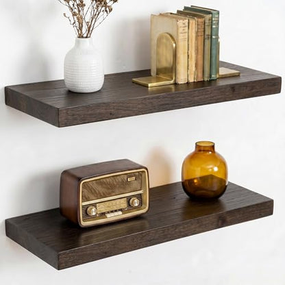 Dreamland 18 Inch Long Floating Shelves Set of 2, Rustic Solid Elm Wood Floating Shelf Wall Mounted, 8 Inch Deep Wall Shelves with Invisible Bracket for Living Room Bathroom Bedroom Kitchen, Walnut - color: Walnut, size: Flat Edge - 18"L