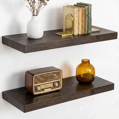 Dreamland 18 Inch Long Floating Shelves Set of 2, Rustic Solid Elm Wood Floating Shelf Wall Mounted, 8 Inch Deep Wall Shelves with Invisible Bracket for Living Room Bathroom Bedroom Kitchen, Walnut - color: Walnut, size: Flat Edge - 18"L