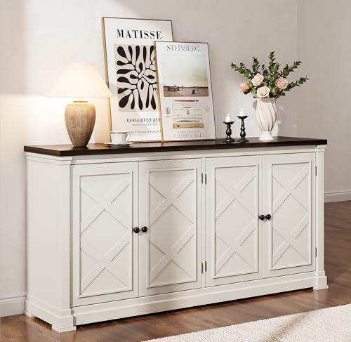 63 Inches Buffet Cabinet with Storage, Large Sideboard Cabinet with 4 Barn Doors, Adjustable Shelves, Wood Coffee Bar Station for Kitchen, Living Room, Off White - color: Off White