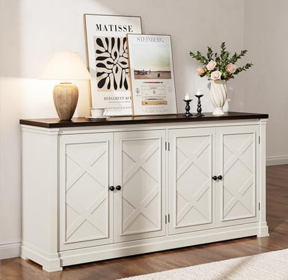 63 Inches Buffet Cabinet with Storage, Large Sideboard Cabinet with 4 Barn Doors, Adjustable Shelves, Wood Coffee Bar Station for Kitchen, Living Room, Off White - color: Off White