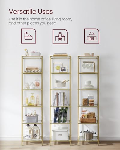 VASAGLE Bookcase, 6-Tier Bookshelf, Slim Shelving Unit for Bedroom, Bathroom, Home Office, Tempered Glass, Steel Frame, Metallic Gold ULGT500A01 - color: Metallic Gold, size: 6 Tiers (15.7"W x 69.8"H)