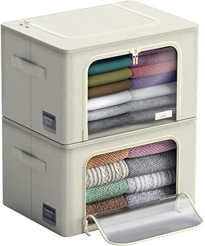 Sorbus Storage Bins with Metal Frame - Stackable & Foldable Clothes Organizer Bags - Oxford Fabric Storage Containers with Large Clear Window & Carry Handles Organization for Bedding Linen & Clothing - color: Beige, size: 2 Pack