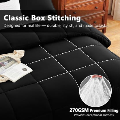 Super King Plus Comforter Set, 3-Piece Box-Stitched, Black | 128 x 120 in Maximum Coverage in the Collection, 270 GSM Fill, 90 GSM Brushed Microfiber Shell, OEKO-TEX Certified - color: Black, size: Super King Plus(128"x120")